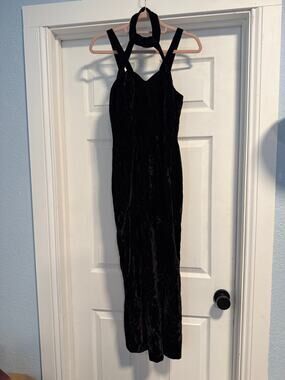 Vtg Blondie & Me Blk Crushed Velvet Halter Formal  Maxi Dress - Sz 5/6 (SG32)